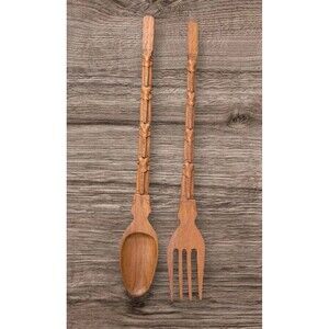 Vintage MCM 38" Wooden Fork Spoon Set Wall Hanging Decor Elephants Hand Carved